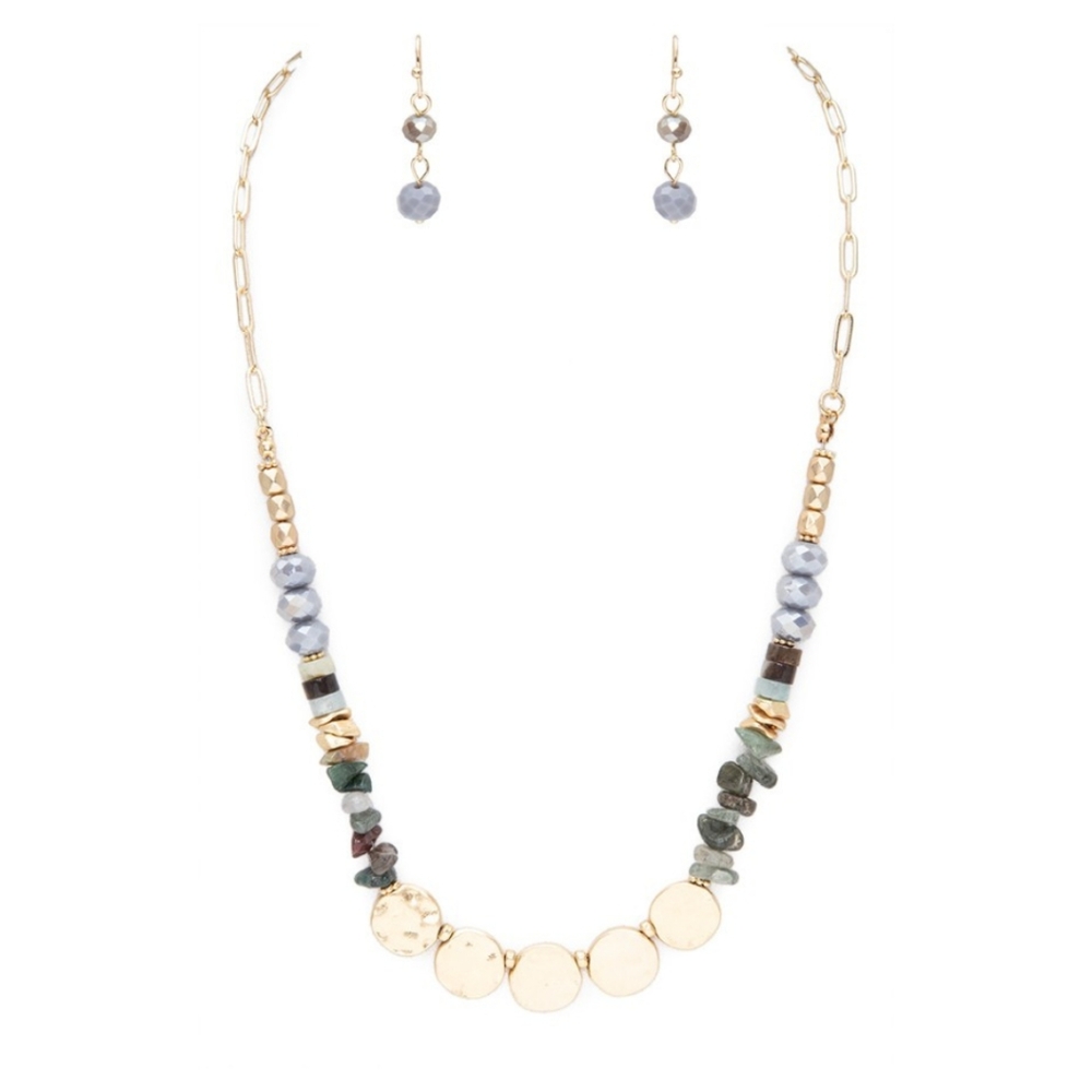 Brand new blueish green and gold colored necklace and earring set | 7524